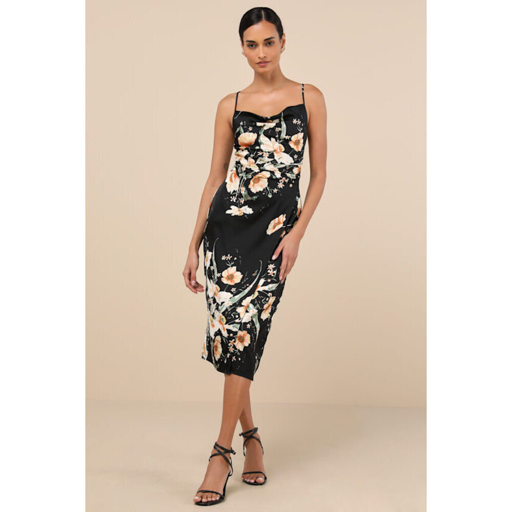Lulus Sunny Blossom Black Floral Print Satin Cowl Neck Midi Dress - Size Medium